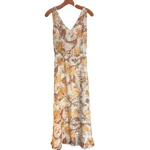 Talbots Gold Metallic Floral V-Neck Midi Dress Sleeveless Belted Brown Amber